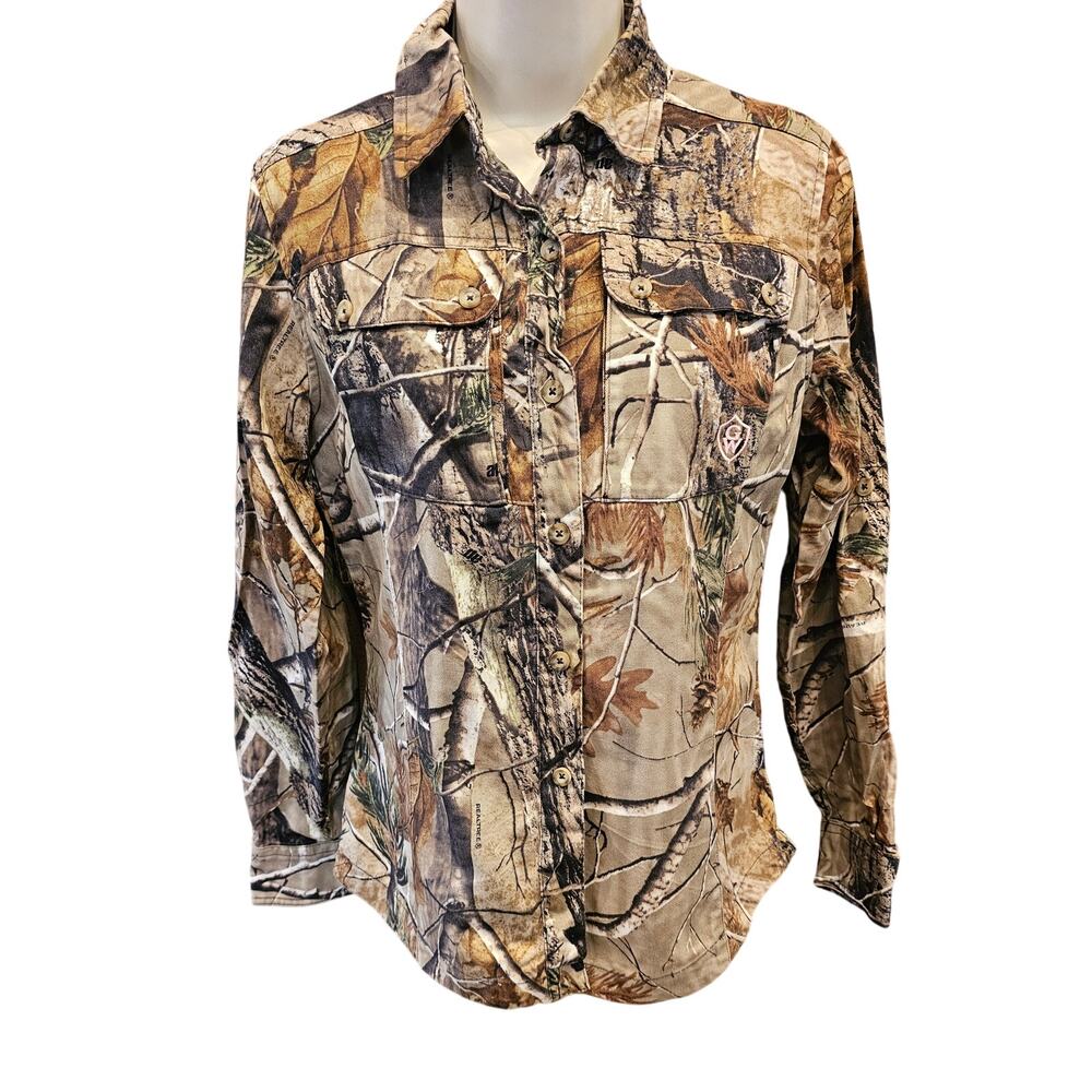 Game winner size S camoflauge womens hunting button up top EUC long sleeve ^